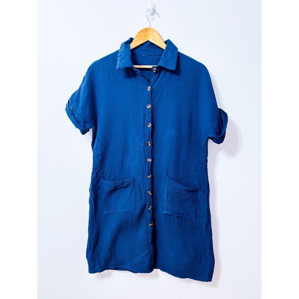 Blue Cotton Linen Crinkle Gauze Button Front Shirt Dress Pockets Large